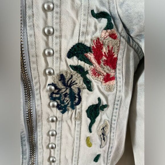 Blank NYC Floral Embroidered Moto Denim Jacket - Size Small EUC - Picture 2 of 8